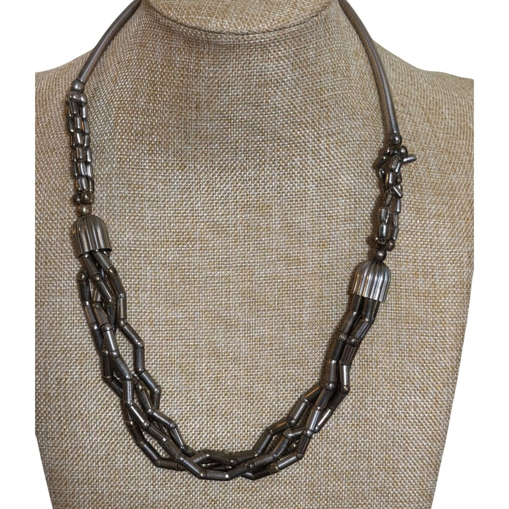 Vintage Multi Strand Liquid Silver Style Tube Bead‎ Bib Necklace Gunmetal Boho